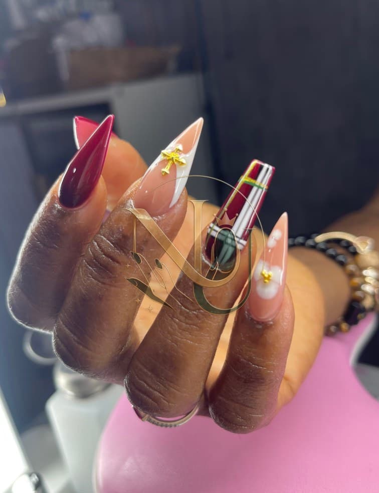 Burgundy and white plaid stiletto set with gold cross charms