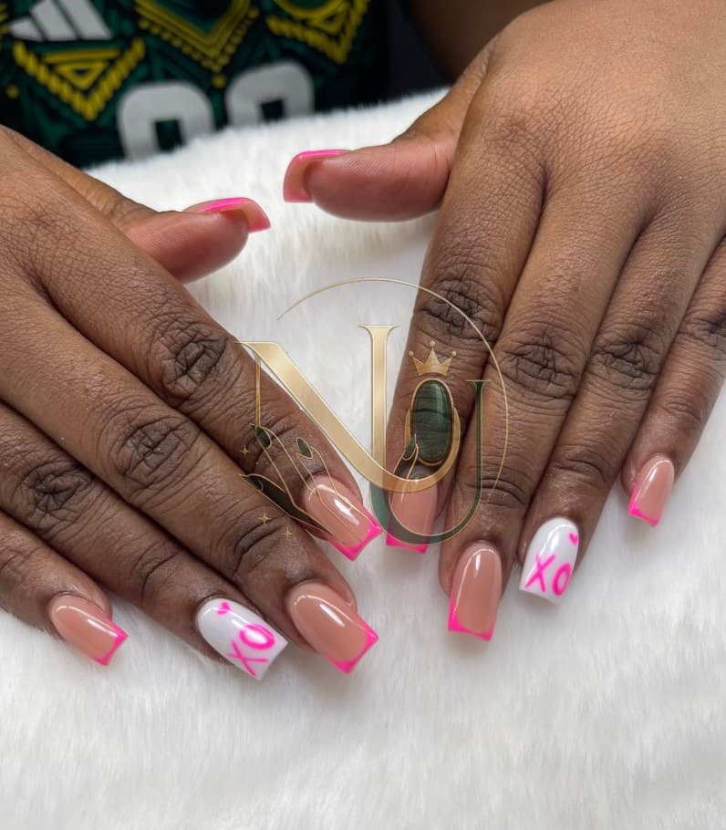 Nude square set with neon pink French tips and an XO accent nail
